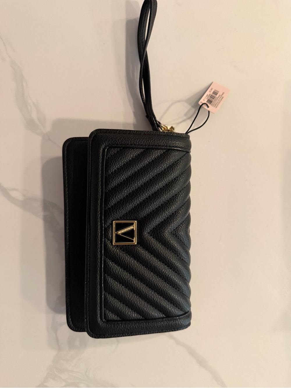 Victoria's Secret Black Quilted Wristlet Clutch with Gold Logo
